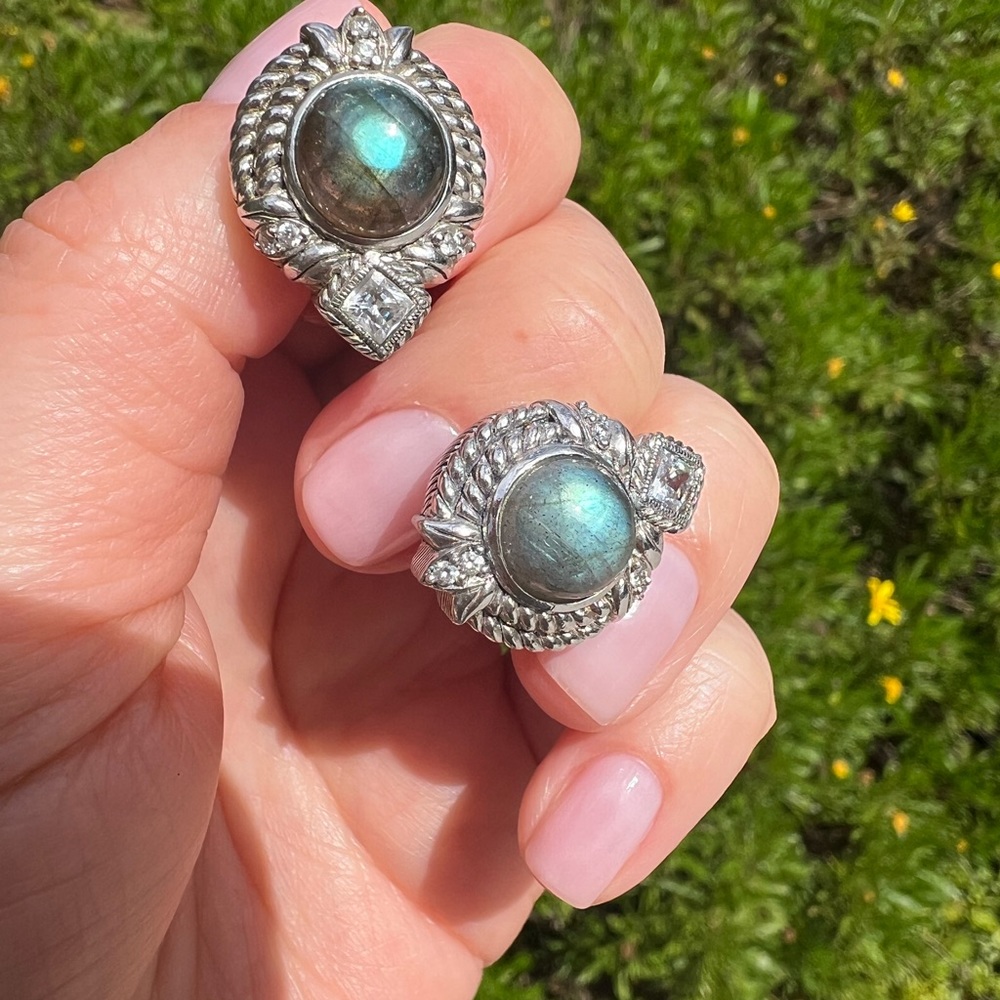 Estate Designer Judith Ripka 925 Sterling Silver Grey Opal CZ Dangle Earrings